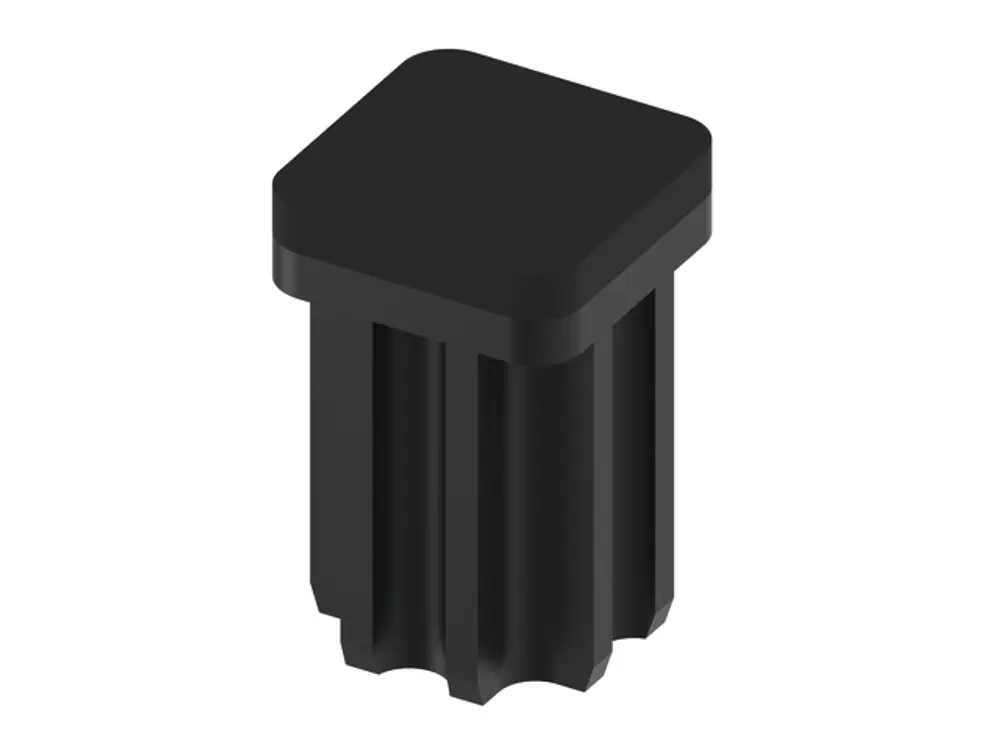 Schwarze Kunststoffendkappe mit quadratischem Oberteil und mehreren Vertiefungen, geeignet als Zubehör für TECE-Produkte.